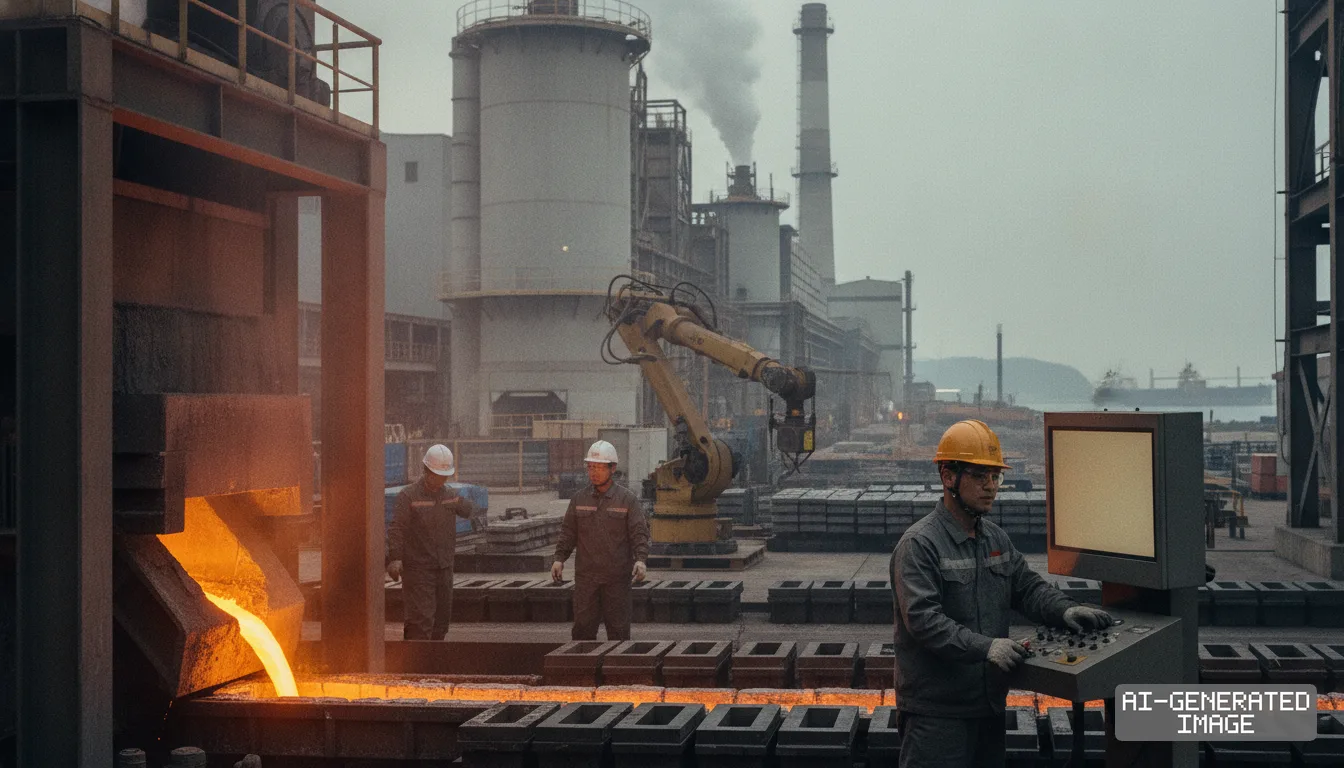 Workers oversee industrial smelting operations as molten metal flows into molds at a metals processing facility. (AI-generated image)