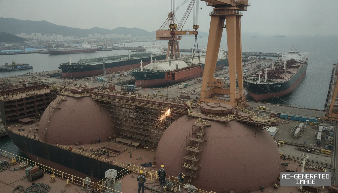 Shipbuilders work on a large gas carrier vessel under towering cranes at HD Hyundai Heavy Industries' shipyard in Ulsan. (AI-generated image)