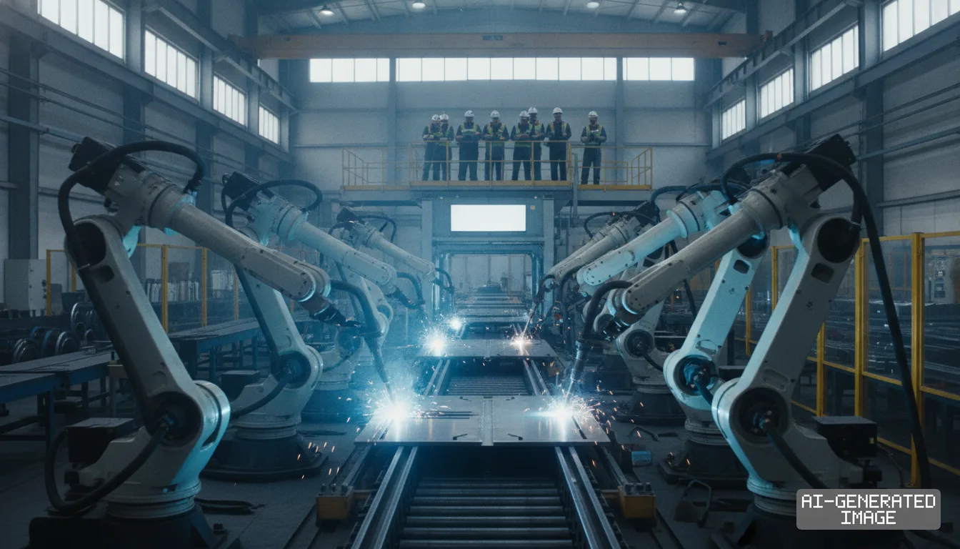 Workers observe automated robotic arms welding metal components along an industrial assembly line inside a fabrication plant. (AI-generated image)