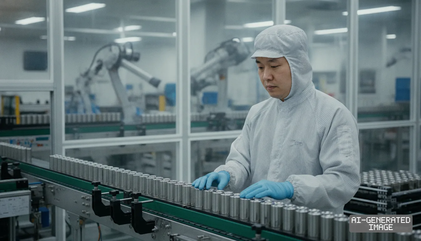 A worker in protective cleanroom gear inspects cylindrical battery cells along an automated production line. (AI-generated image)
