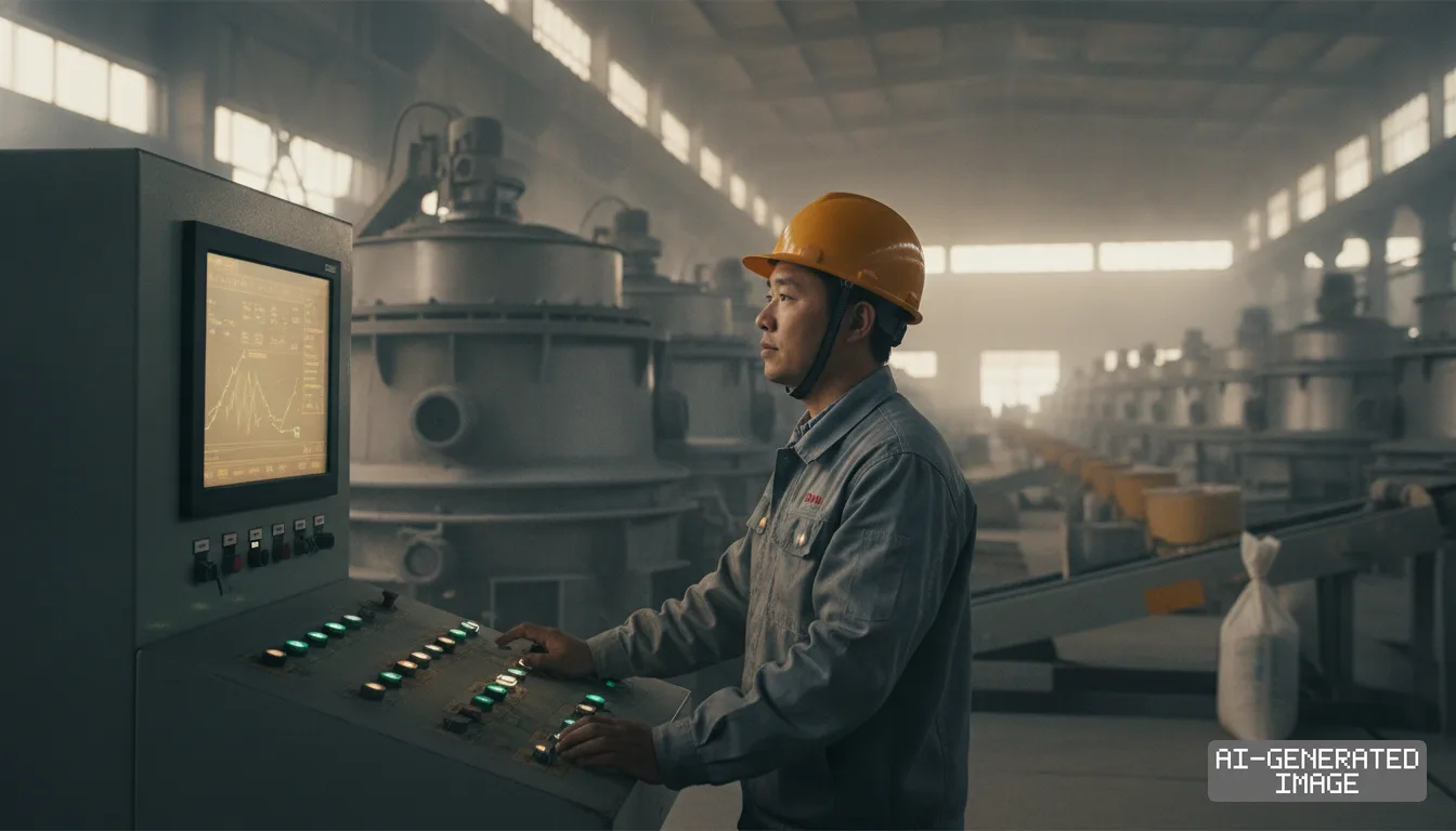 A worker wearing a hard hat operates a control panel inside an industrial mineral processing facility. (AI-generated image)