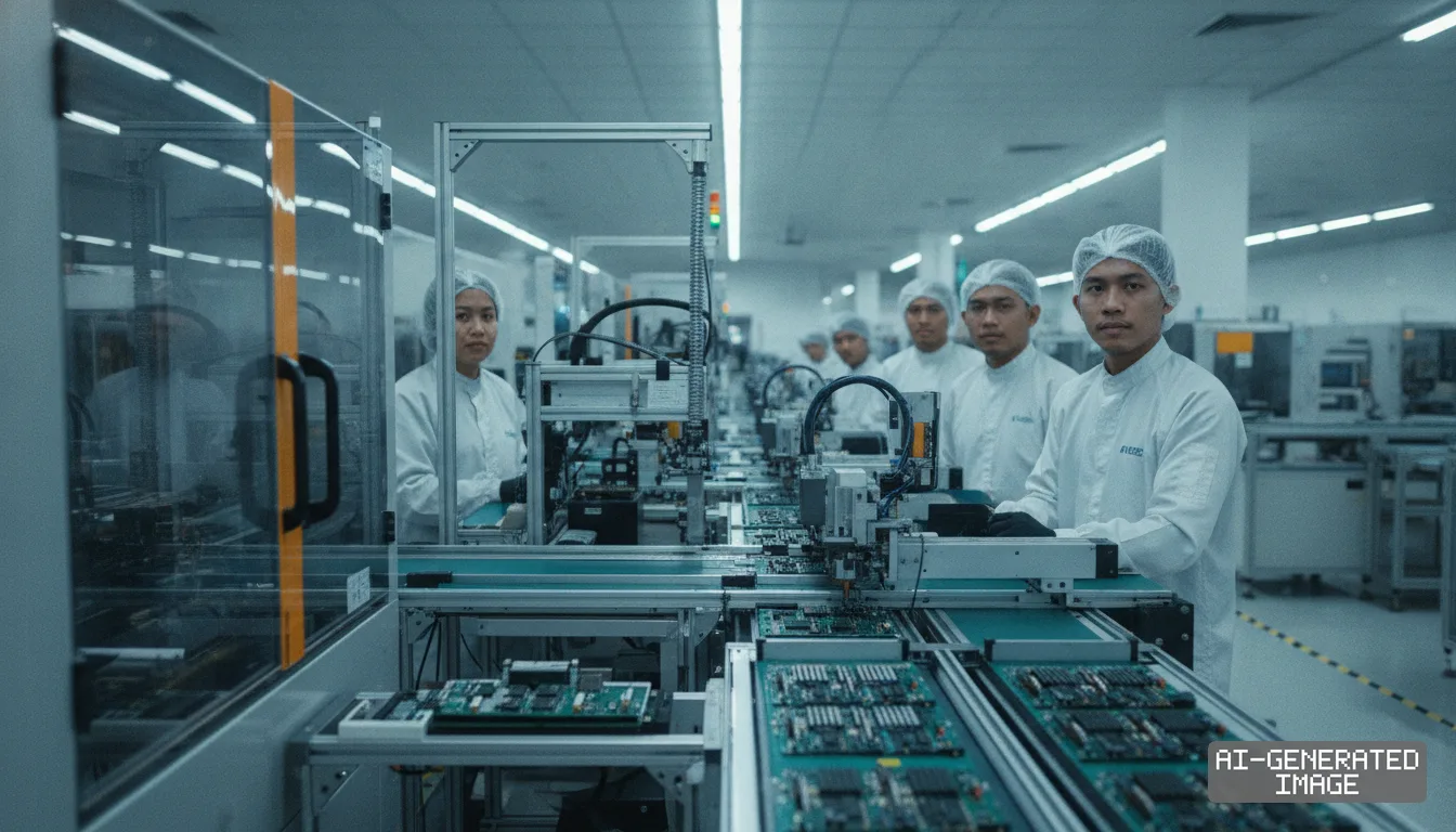 Workers in protective attire stand along an automated circuit board assembly line inside an electronics factory. (AI-generated image)