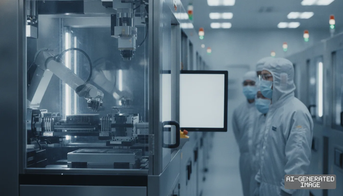 Engineers in protective cleanroom suits observe an automated robotic arm operating on a semiconductor fabrication line. (AI-generated image)