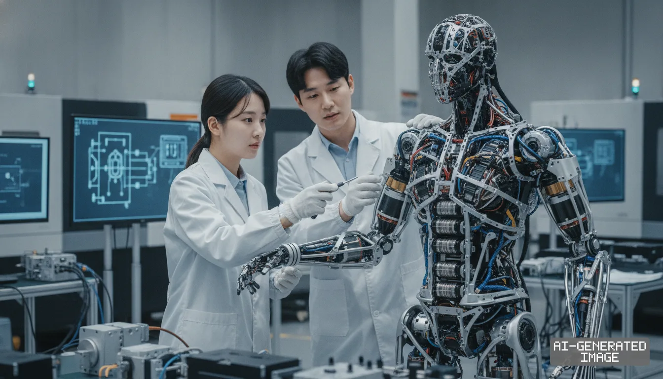 Two engineers inspect the complex internal hardware and electric motor components of an advanced humanoid robot in a laboratory. (AI-generated image)