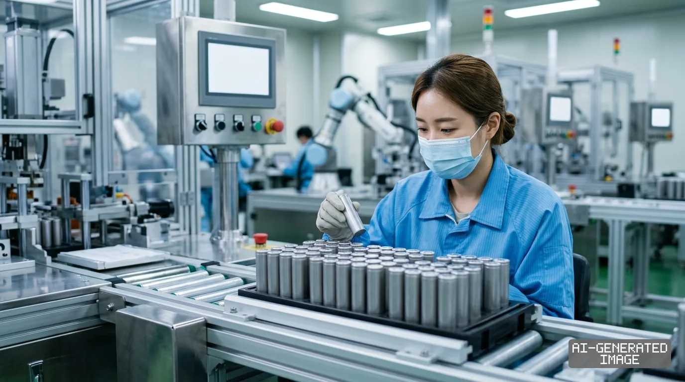 A worker inspects cylindrical battery cells along an automated assembly line inside a battery manufacturing facility. (AI-generated image)