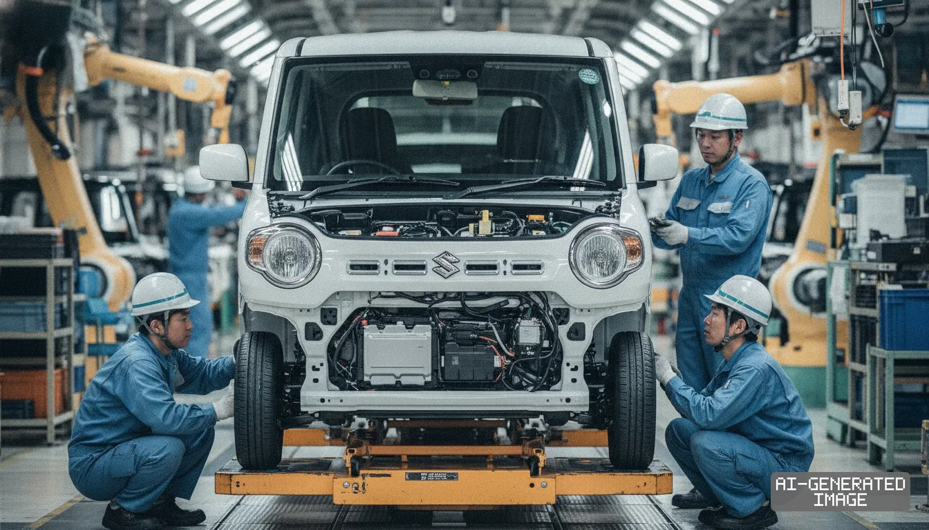 Workers inspect and assemble an electric Suzuki minicar along an automotive factory production line. (AI-generated image)
