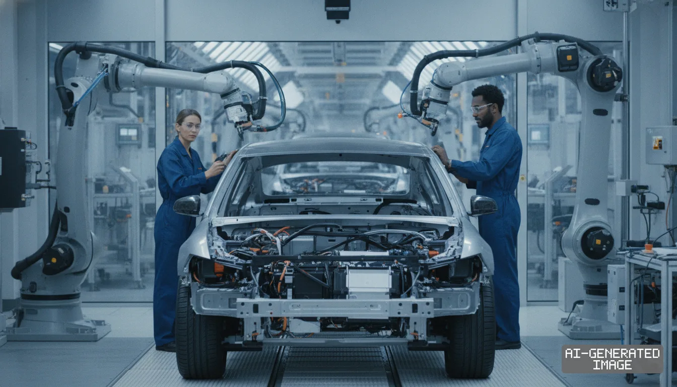 Two automotive technicians work on a vehicle frame alongside robotic arms on a factory assembly line. (AI-generated image)