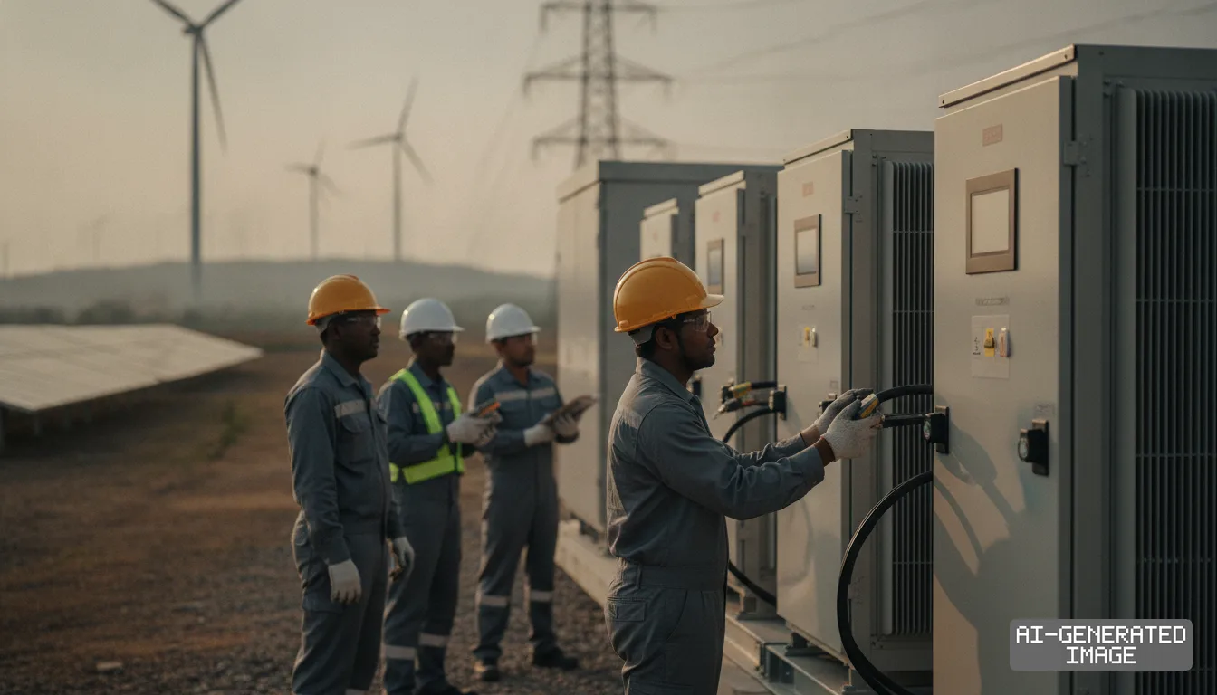 Workers inspect electrical equipment at a clean energy site featuring solar panels and wind turbines in the background. (AI-generated image)