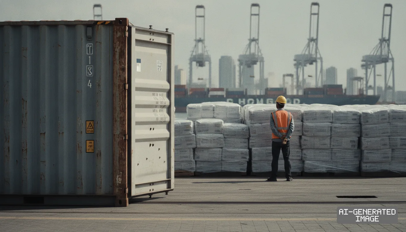 A worker stands beside stacked cargo and a shipping container at a commercial terminal handling international maritime trade. (AI-generated image)