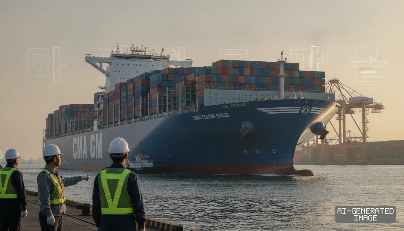 Port workers wearing hard hats and reflective vests watch the CMA CGM GOLD container ship navigate the harbor. (AI-generated image)