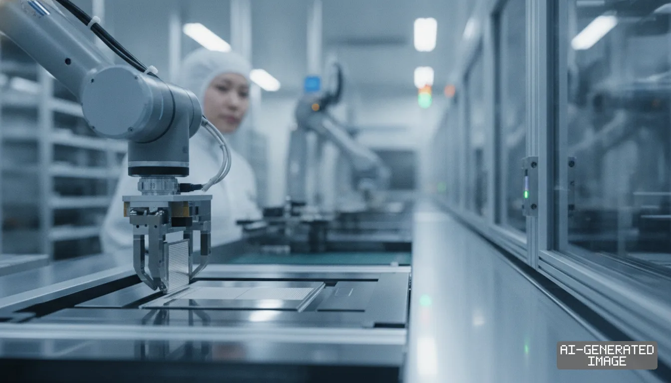 A robotic arm handles semiconductor components on an automated assembly line as a technician observes in a cleanroom. (AI-generated image)