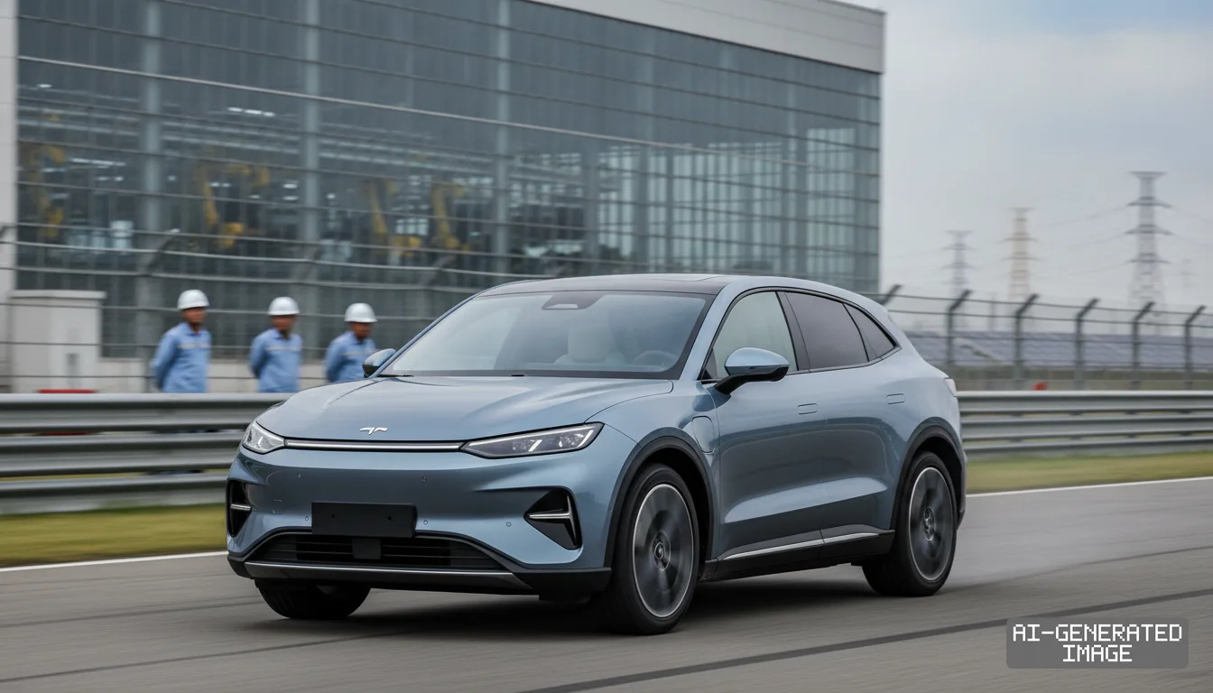 An Aiva ME7 electric crossover drives on a test track near a manufacturing facility as workers in hard hats look on. (AI-generated image)