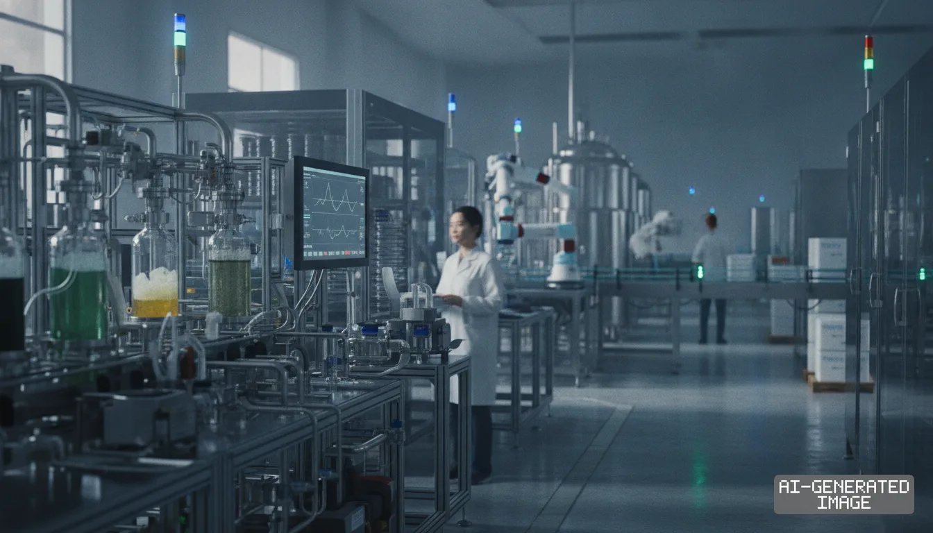 Technicians oversee automated equipment and digital monitors inside an advanced biotechnology manufacturing facility. (AI-generated image)