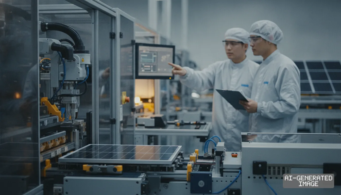 Technicians in cleanroom attire monitor an automated production line assembling solar panels inside a manufacturing facility. (AI-generated image)