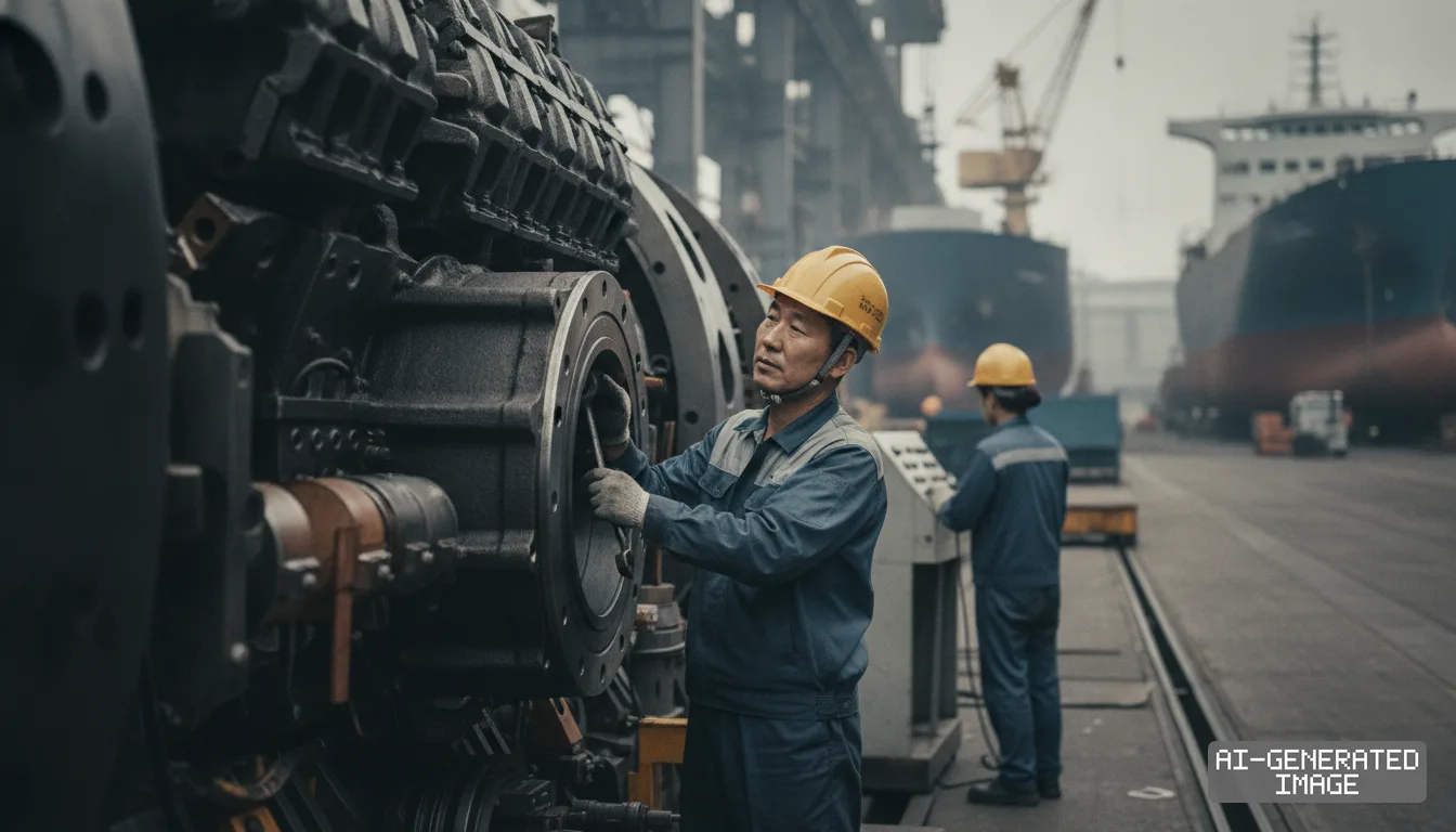 Workers assemble a massive marine engine at a shipyard facility with large commercial vessels docked in the background. (AI-generated image)