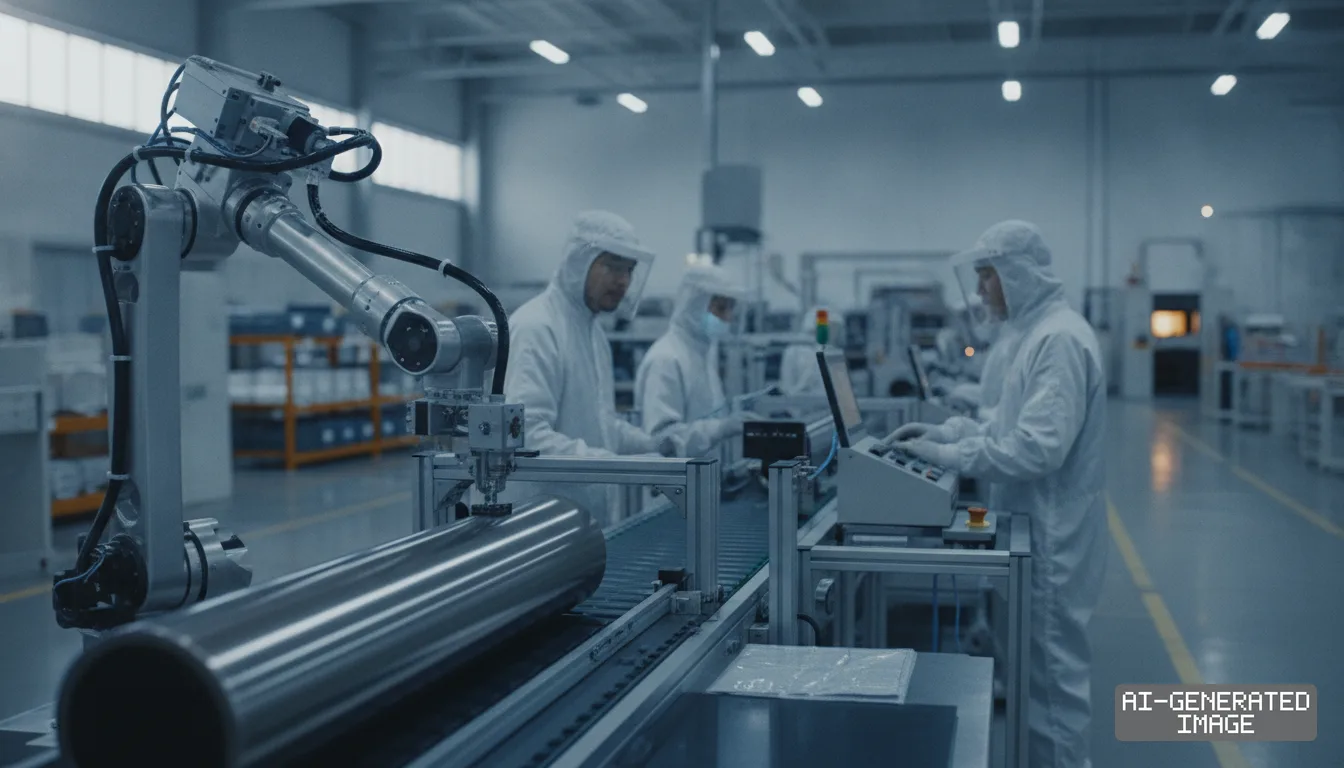 Workers in protective suits monitor an automated assembly line with a robotic arm inside an advanced manufacturing facility. (AI-generated image)