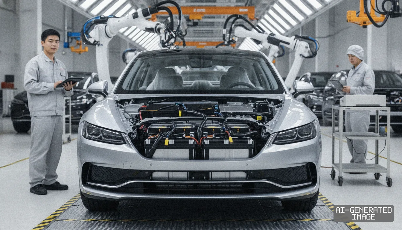 Workers inspect an electric sedan on an automated assembly line equipped with robotic arms inside a manufacturing facility. (AI-generated image)
