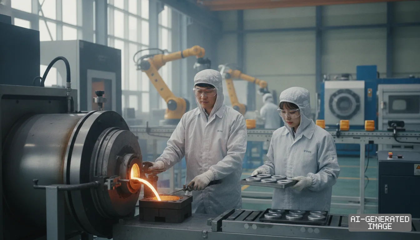 Workers in protective gear monitor molten metal pouring into a mold along an automated line in a permanent magnet facility. (AI-generated image)