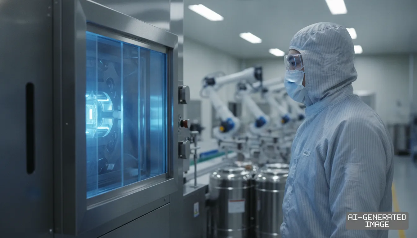 A technician in protective gear monitors automated processing equipment inside an electronic materials production facility. (AI-generated image)