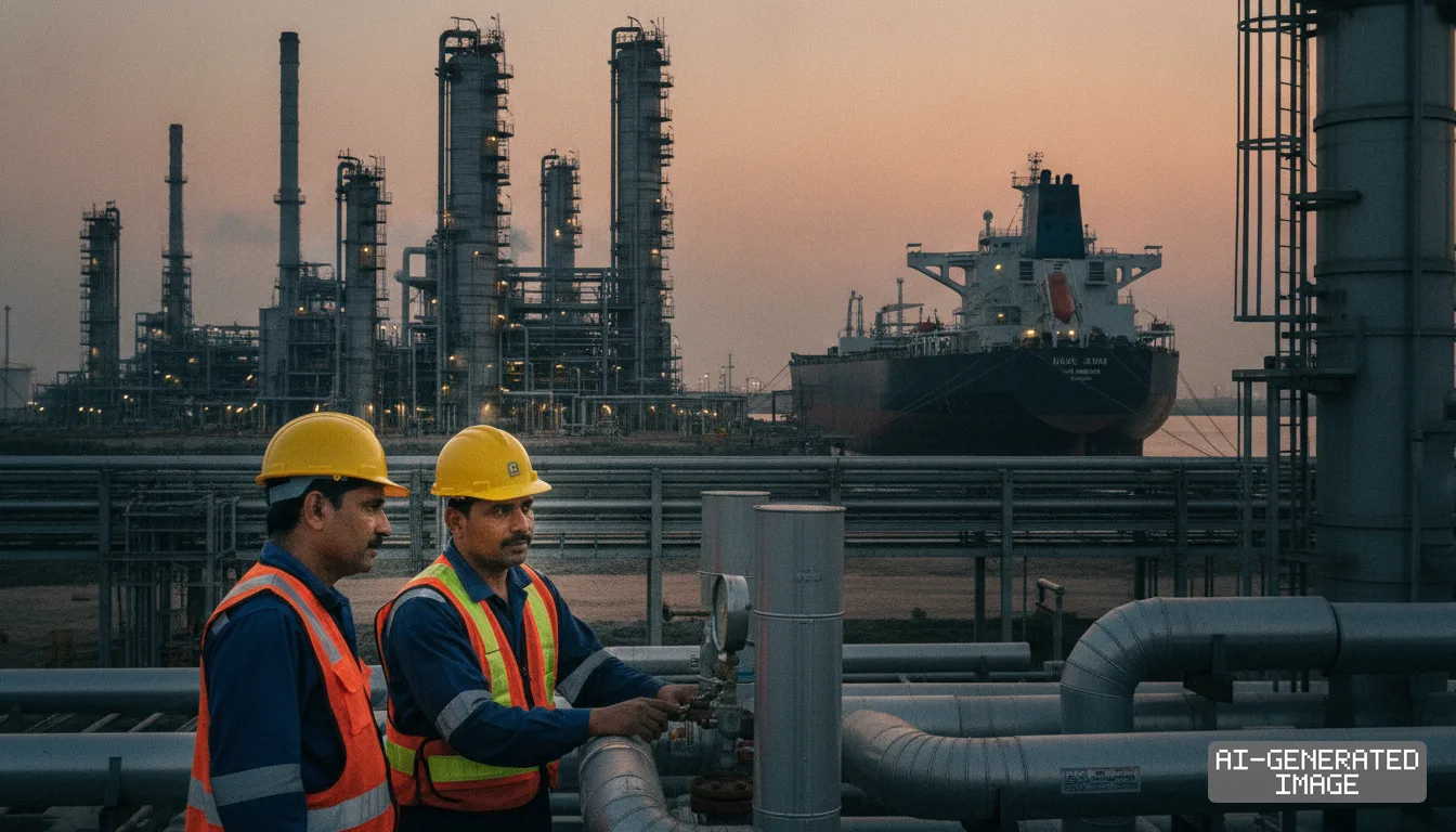 Workers inspect pipes at an oil refinery as a large tanker ship rests near industrial distillation towers. (AI-generated image)