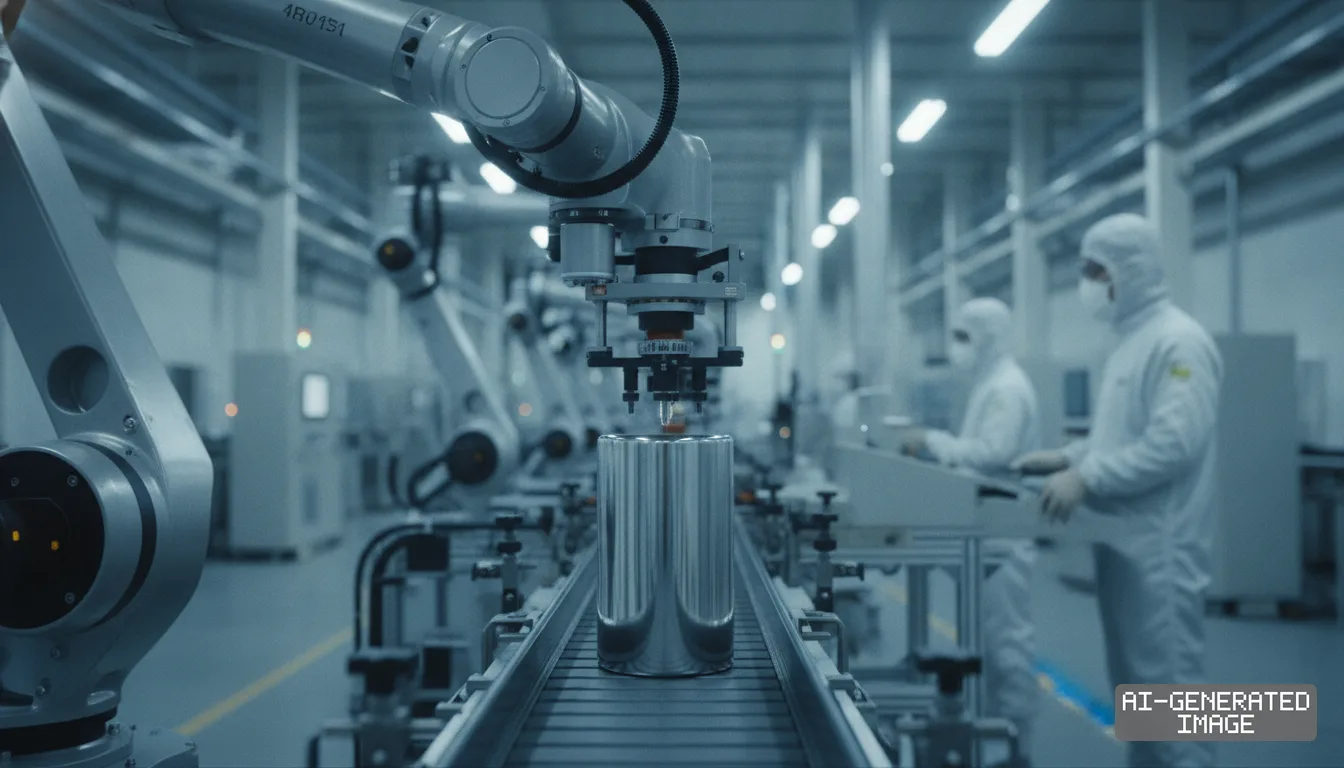 A robotic arm processes a cylindrical battery cell on a conveyor line as technicians in cleanroom suits monitor production. (AI-generated image)
