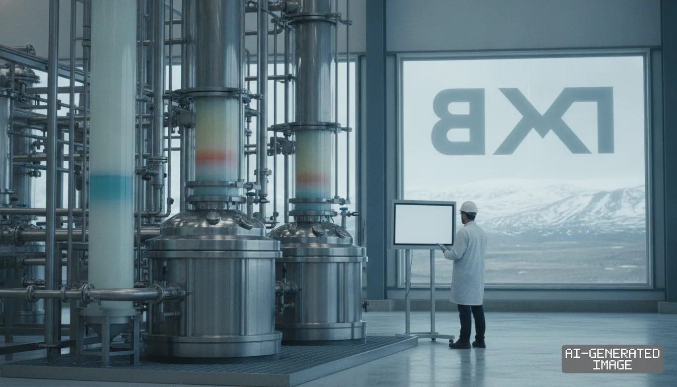 A worker in a lab coat stands before a monitor near industrial separation columns inside an LKAB facility. (AI-generated image)