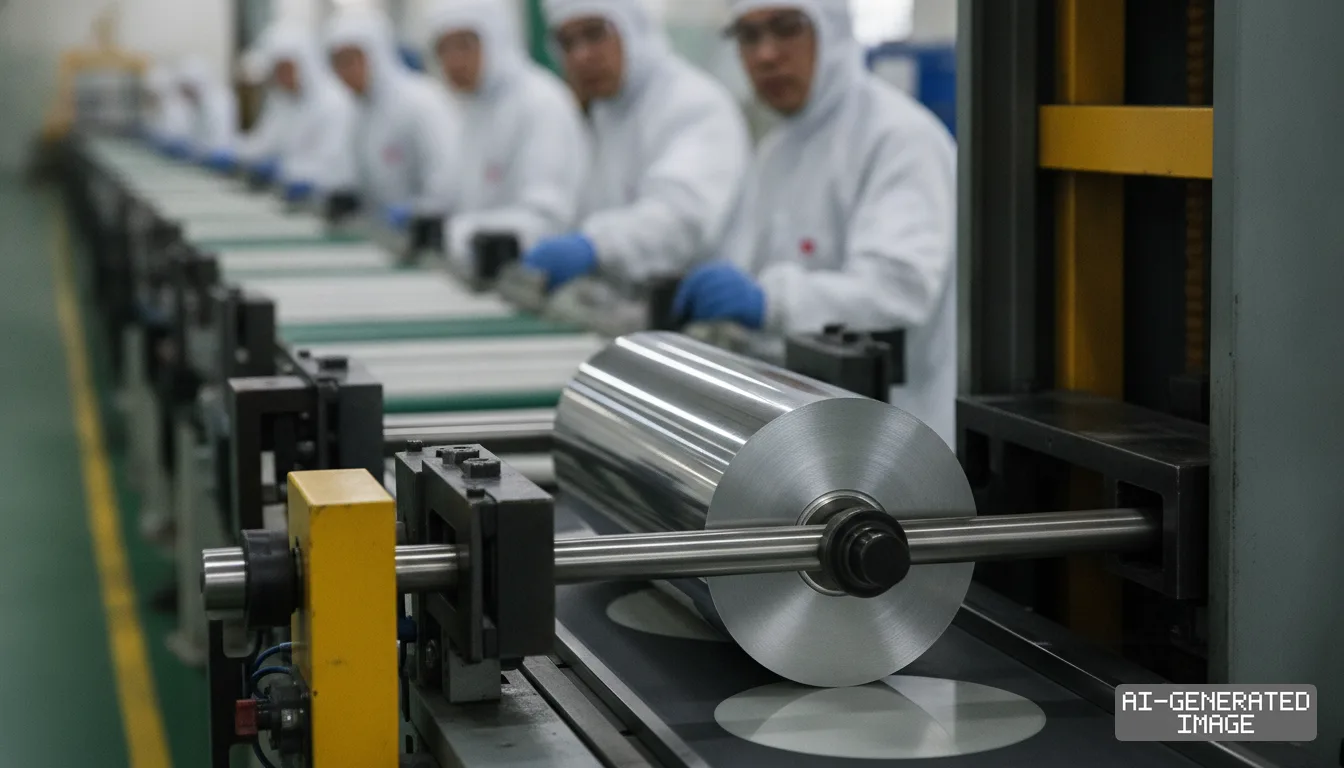 Workers in protective cleanroom suits oversee an automated production line at a solar manufacturing facility in China. (AI-generated image)
