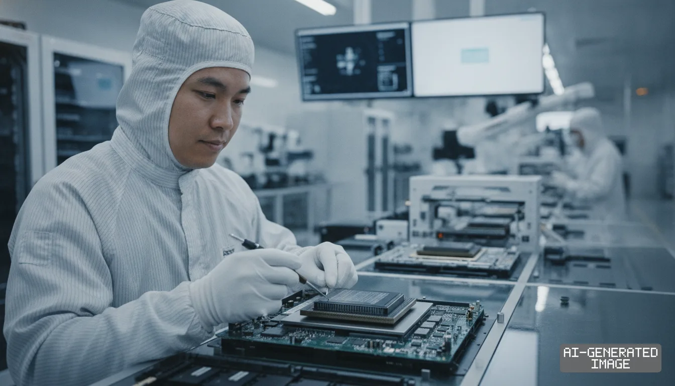 A technician in a cleanroom suit works on an advanced semiconductor component inside a computer hardware manufacturing facility. (AI-generated image)
