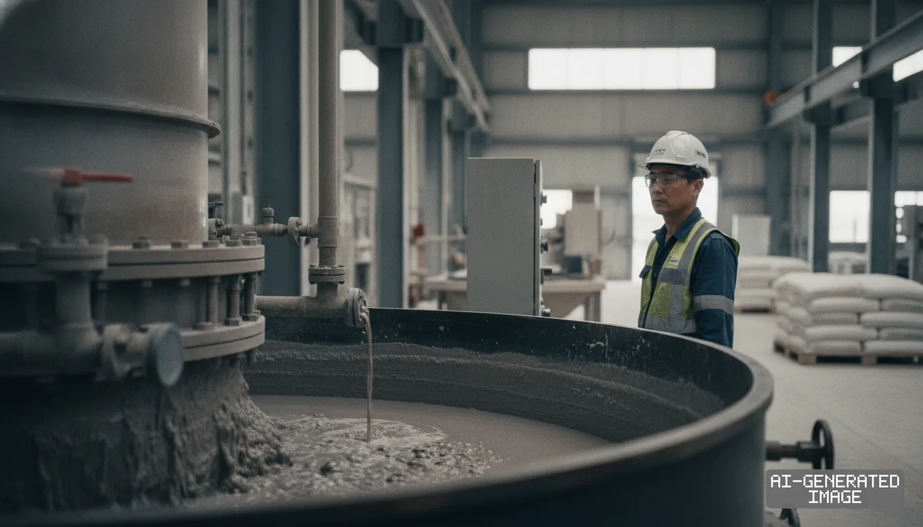 A worker in protective gear monitors slurry flowing into a large vat inside an industrial processing plant. (AI-generated image)