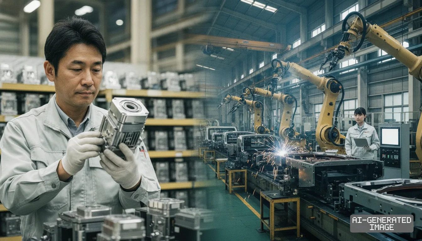 A technician inspects a precision motor beside an automated assembly line where robotic arms weld metal parts. (AI-generated image)