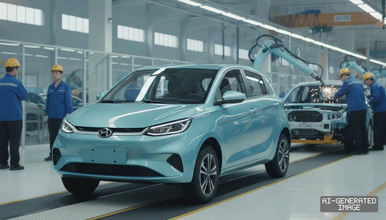 A light blue electric hatchback sits on a factory assembly line as workers and robotic arms build vehicles. (AI-generated image)