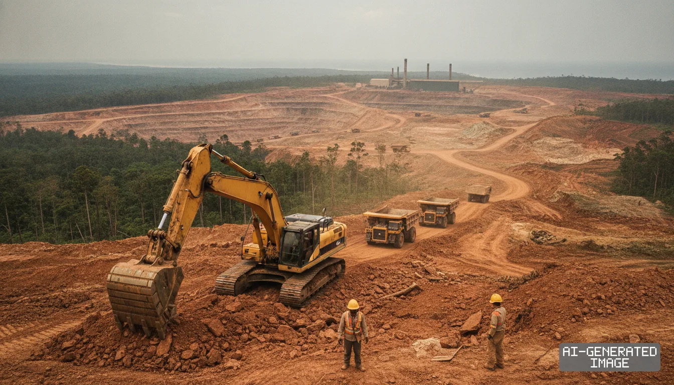 Workers and heavy machinery operate at an open-pit nickel mine in Indonesia, with cleared land extending toward an industrial facility. (AI-generated image)