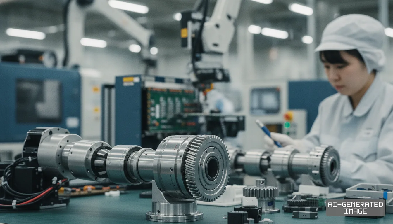 A technician inspects precision gear assemblies and robotic actuator components in an automated manufacturing facility. (AI-generated image)