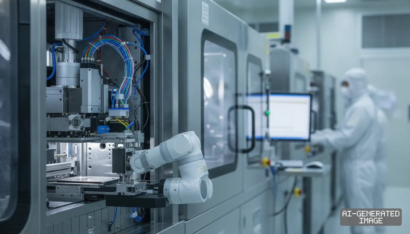 A technician in a protective suit monitors automated semiconductor equipment along a cleanroom production line. (AI-generated image)