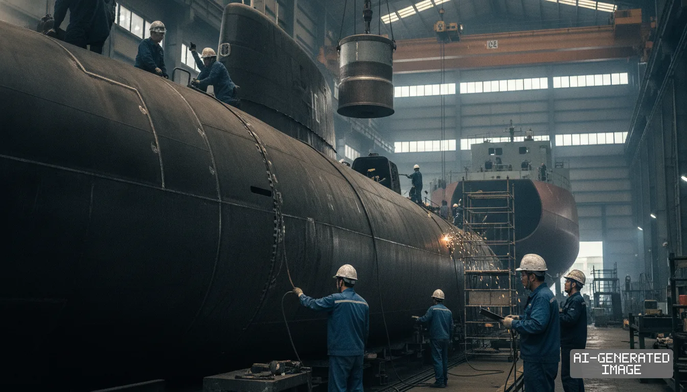 Workers assemble a submarine hull inside a shipyard facility as South Korean defense shipbuilders seek international naval contracts. (AI-generated image)