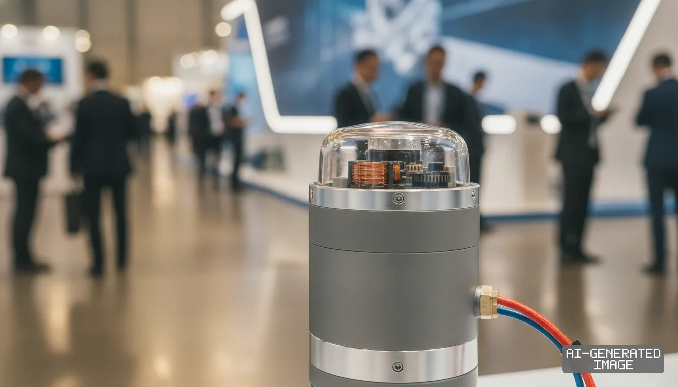 A collaborative robot joint actuator sits on display at an industrial exhibition with attendees in the background. (AI-generated image)