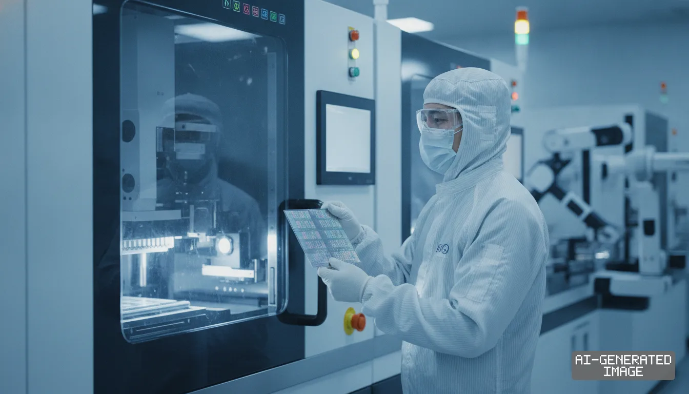 A worker in protective cleanroom gear inspects a semiconductor panel beside machinery in a fabrication facility. (AI-generated image)