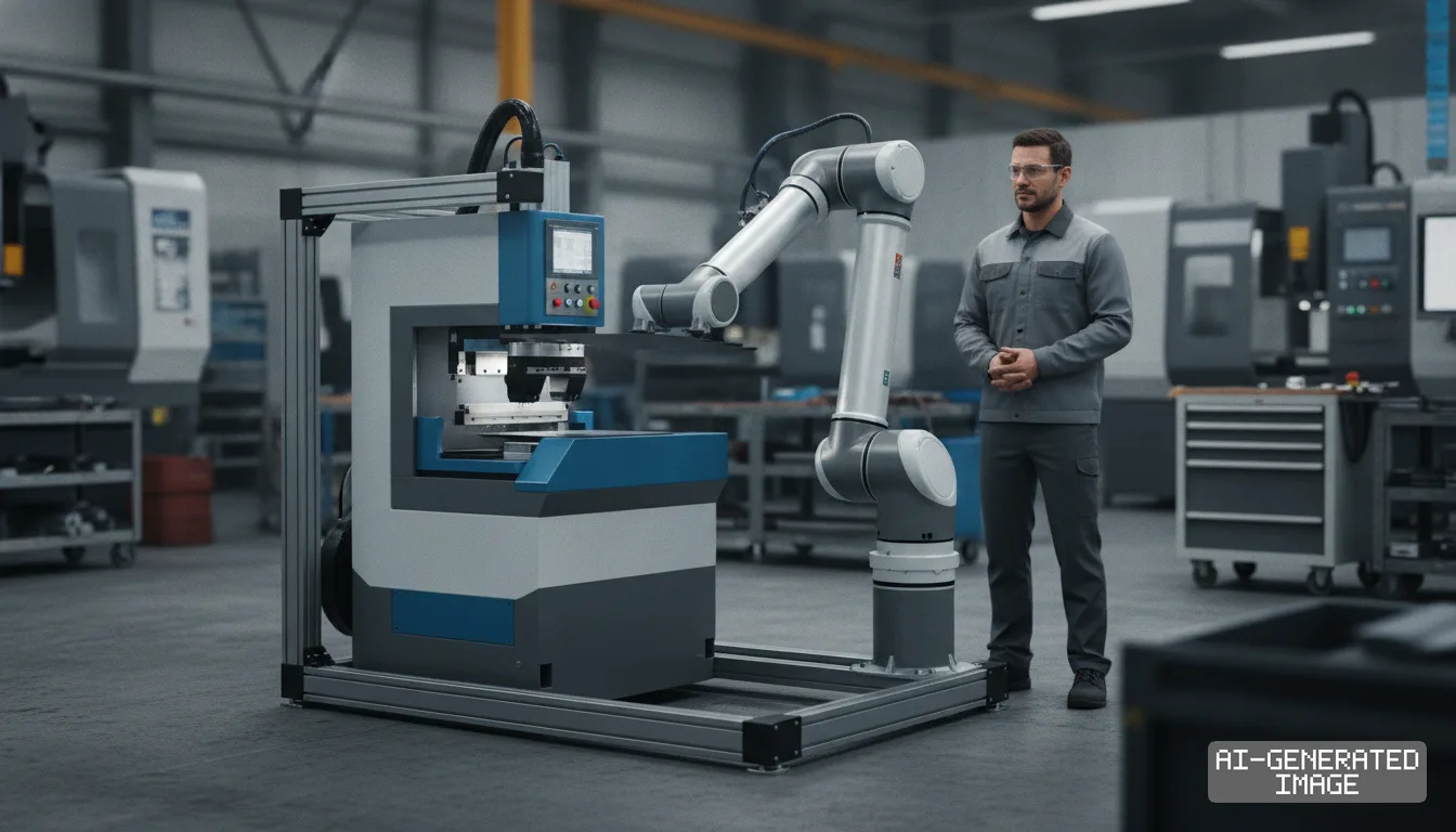 A worker stands beside a compact robotic bending cell as an articulated robotic arm feeds sheet metal into a press brake. (AI-generated image)