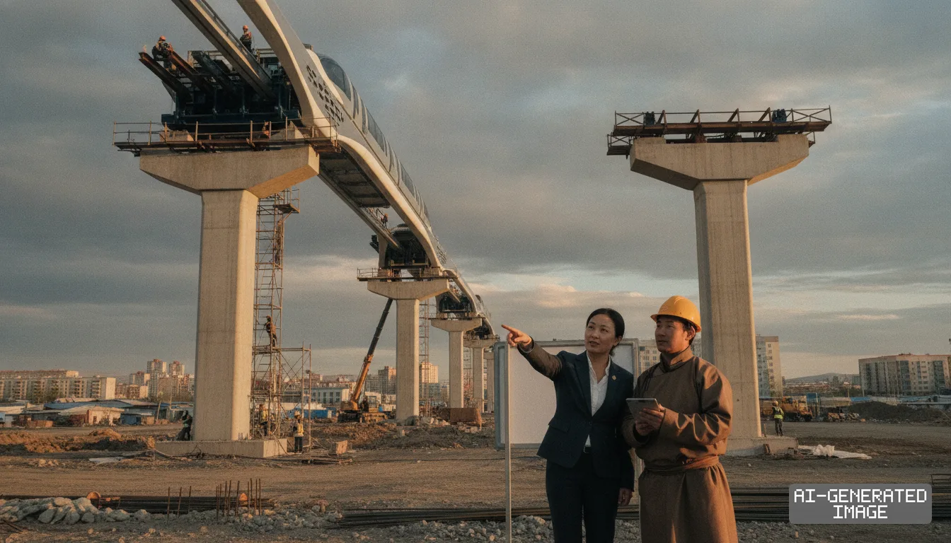 Two people observe the construction site of an elevated light rail transit line in Ulaanbaatar as track sections are built on concrete pillars. (AI-generated image)