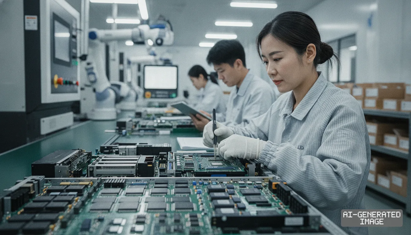 Technicians assemble and inspect circuit boards inside a Chinese hardware component manufacturing facility. (AI-generated image)