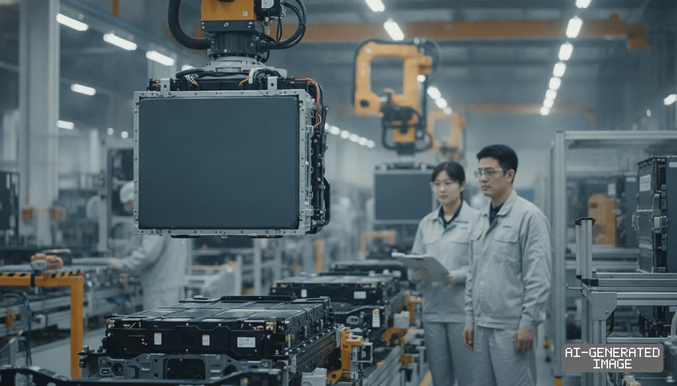 Workers oversee automated robotic machinery assembling electric vehicle battery packs on a factory floor. (AI-generated image)