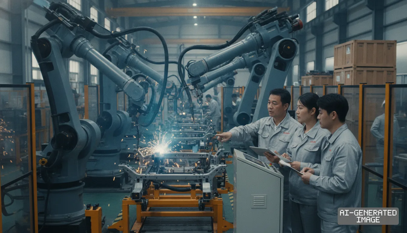 Workers monitor automated industrial robotic arms welding vehicle frames along an assembly line. (AI-generated image)