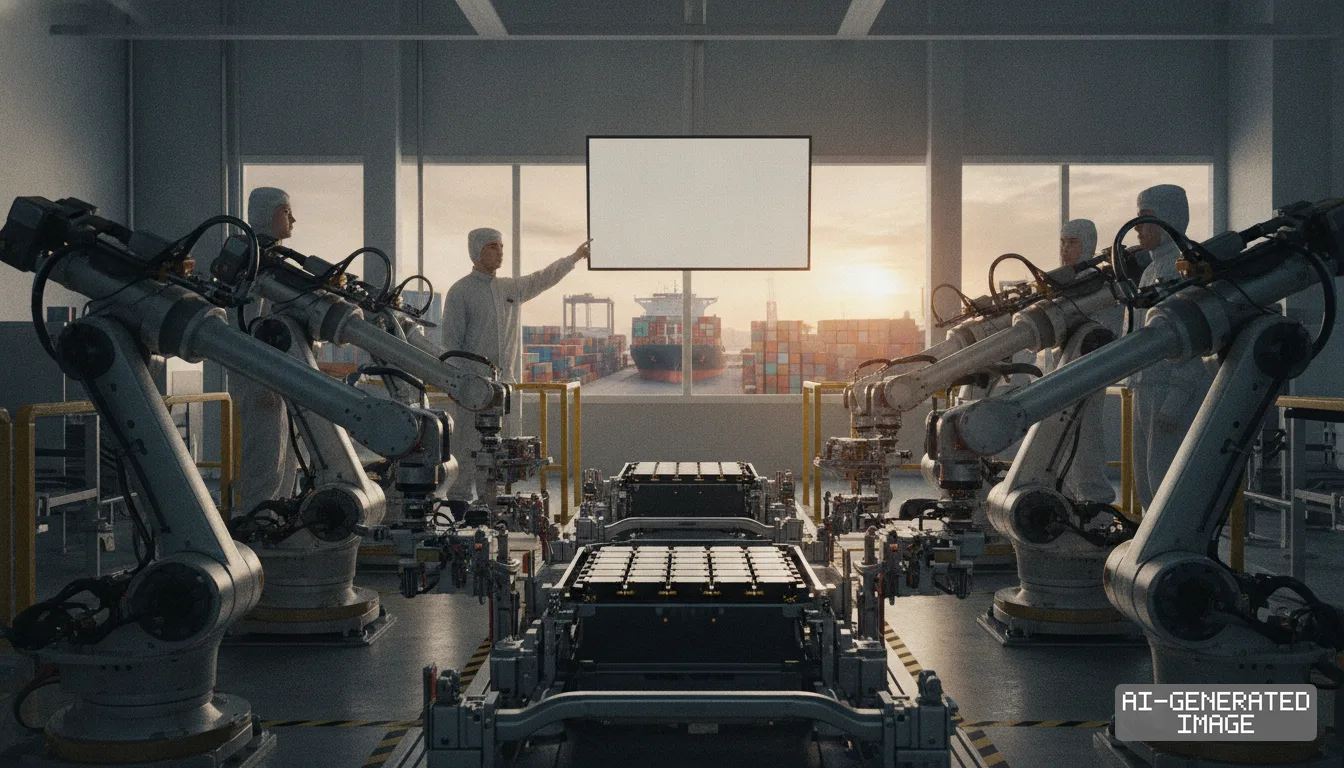 Robotic arms assemble battery modules in a factory overlooking a container port as workers supervise. (AI-generated image)