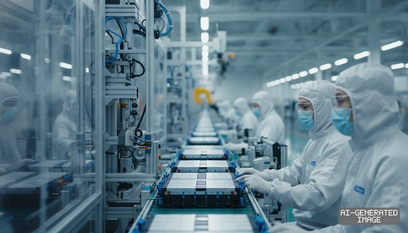 Workers in protective suits assemble electric vehicle battery modules along an automated factory production line. (AI-generated image)