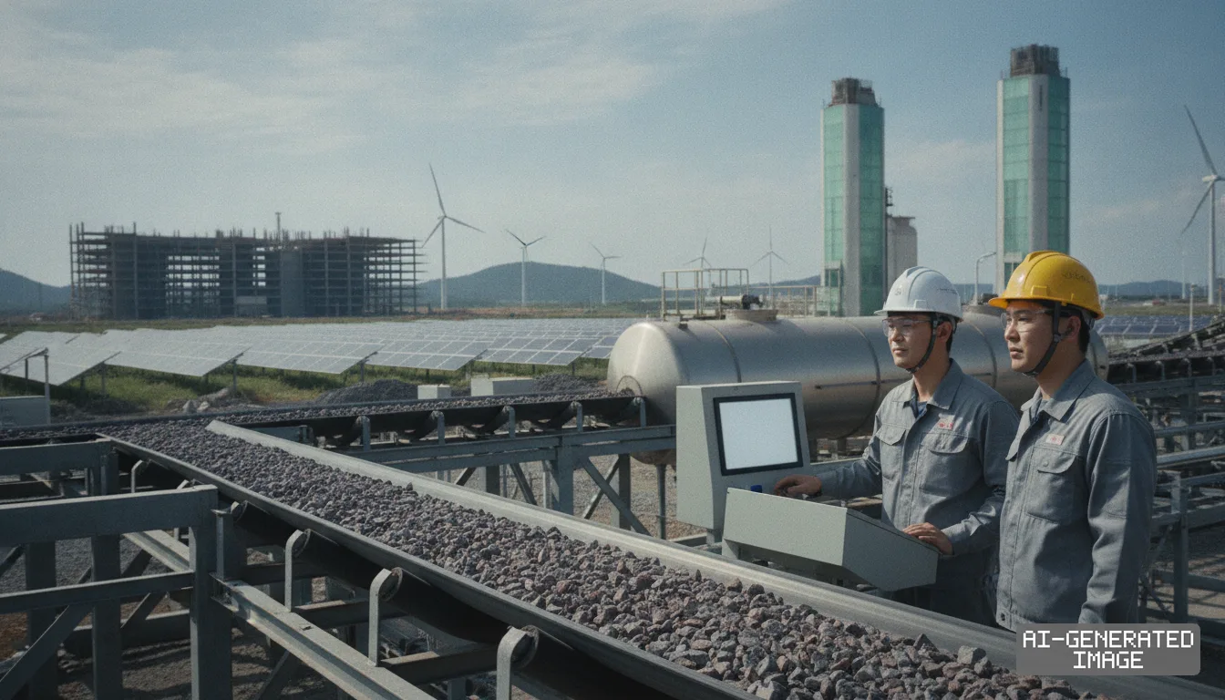Two workers stand by a mineral conveyor belt at an industrial site beside solar panels and wind turbines. (AI-generated image)