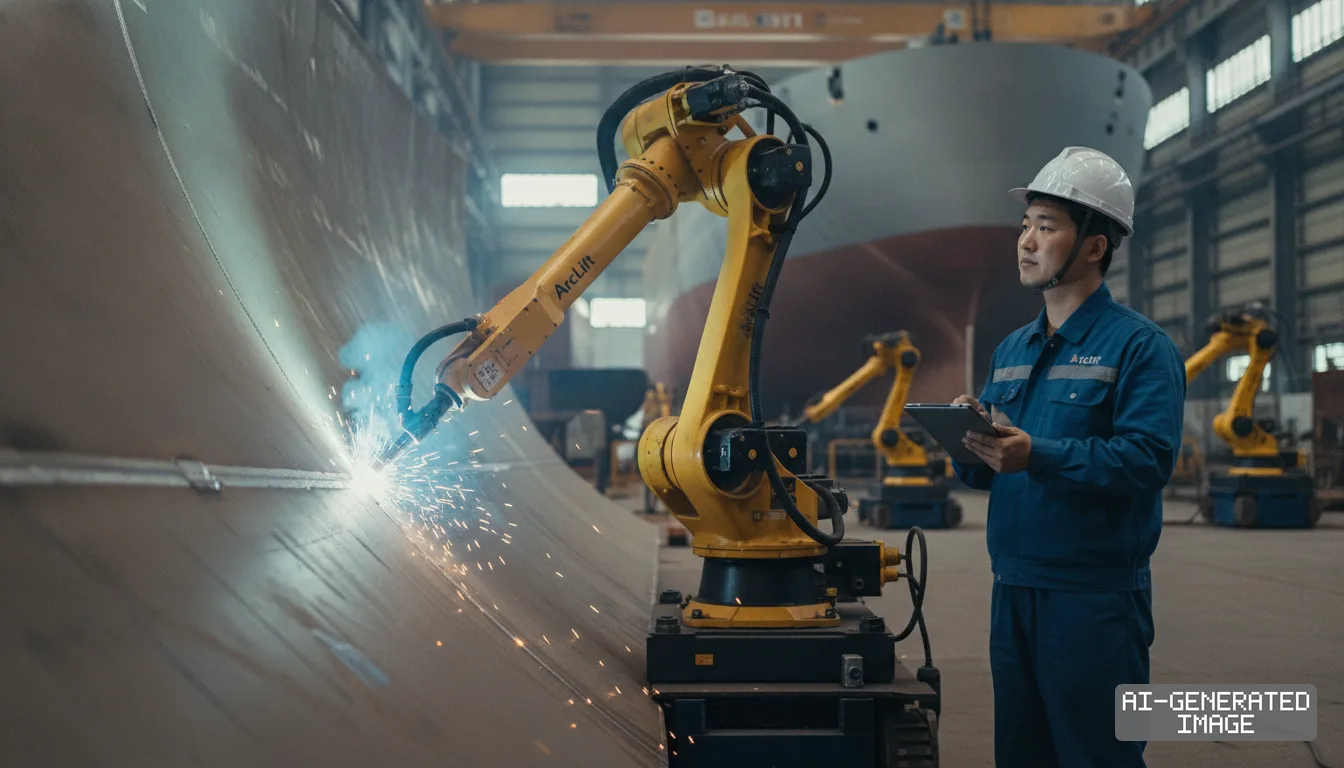 A shipyard worker holding a tablet monitors an ArcLift robotic arm welding a large steel hull section. (AI-generated image)