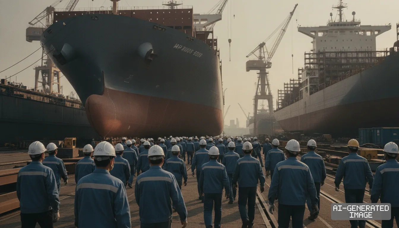Shipyard workers in hard hats and blue uniforms walk past large commercial vessels in a drydock during a labor action. (AI-generated image)