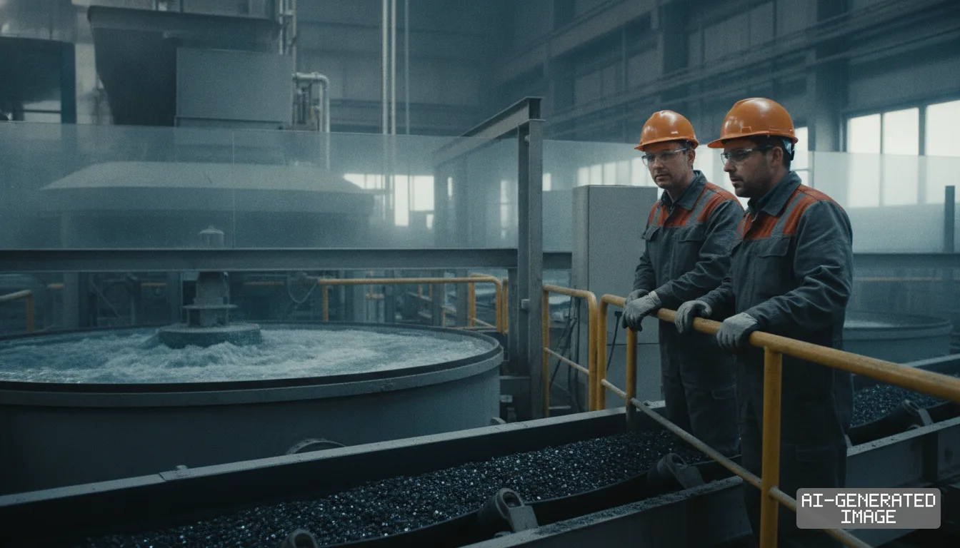 Two workers in hard hats monitor material on a conveyor belt inside an industrial mineral processing plant. (AI-generated image)