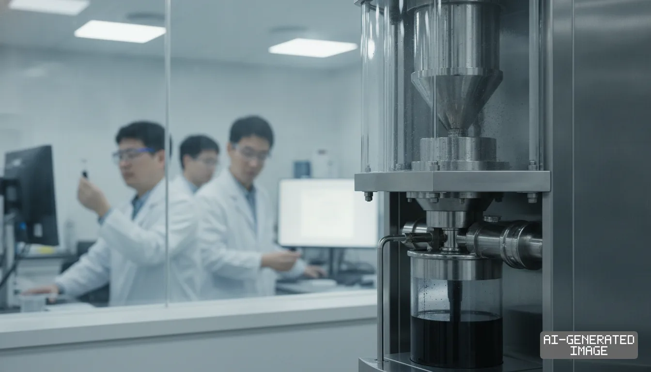 Researchers in lab coats work behind a glass partition near specialized processing equipment at an SK On battery research institute. (AI-generated image)