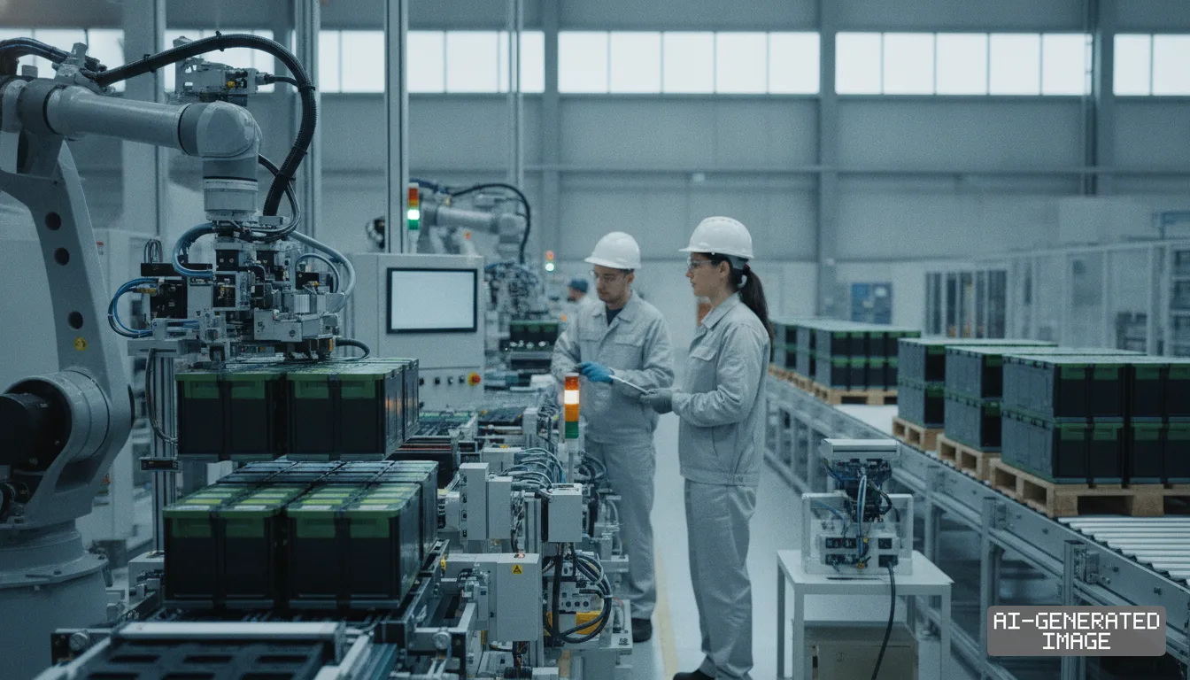 Workers monitor battery pack assembly along an automated production line inside an electric vehicle battery manufacturing plant. (AI-generated image)